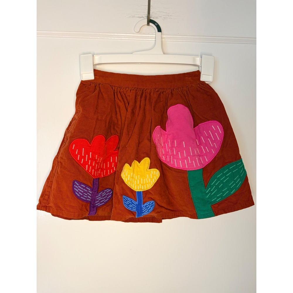 Mini Boden Girls Burnt Orange Corduroy Floral Applique Skirt Size 6-7Y Cotton